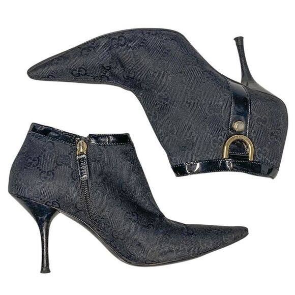 Gucci Monogram Double G D-Ring Canvas Ankle Booties US 7 Black Supreme Heels - Picture 6 of 14